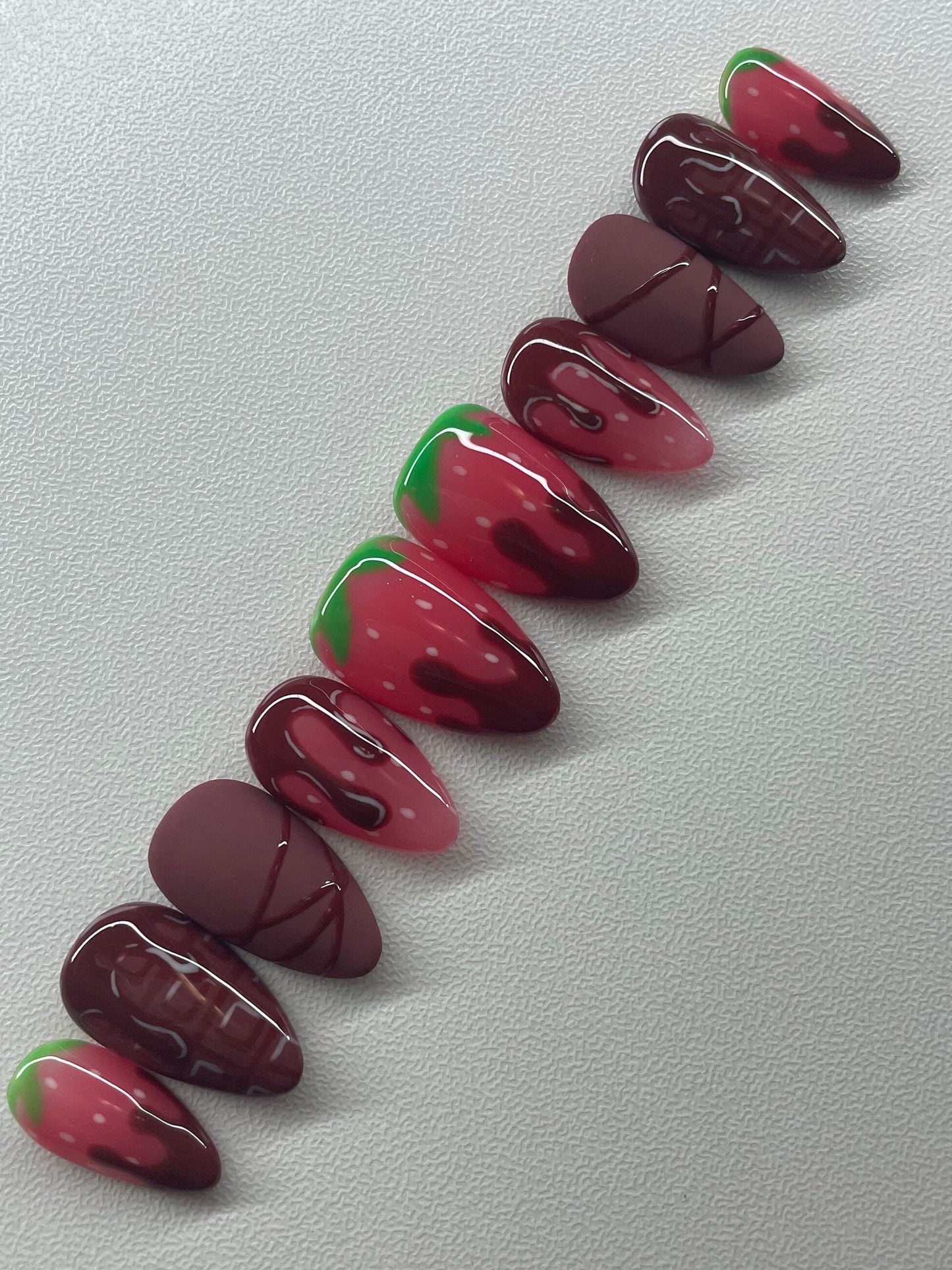 Chocolate Covered Strawberry || Valentine’s Day Nails || Luxury Press On Nails | Reusable | Hand Painted | Made by WitchyWonders&Wares