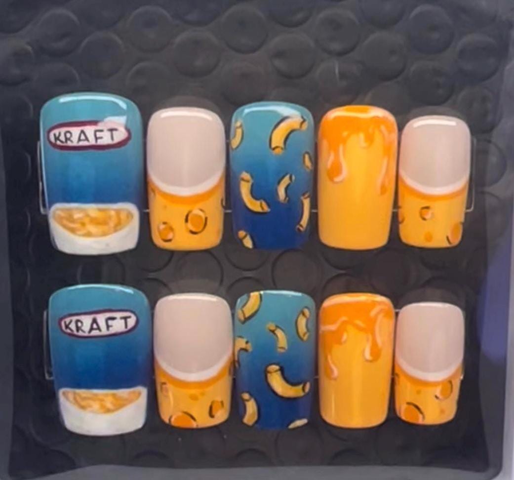 Mac and Cheese || Luxury Press On Nails | Reusable | Hand Painted | Made by WitchyWonders&Wares