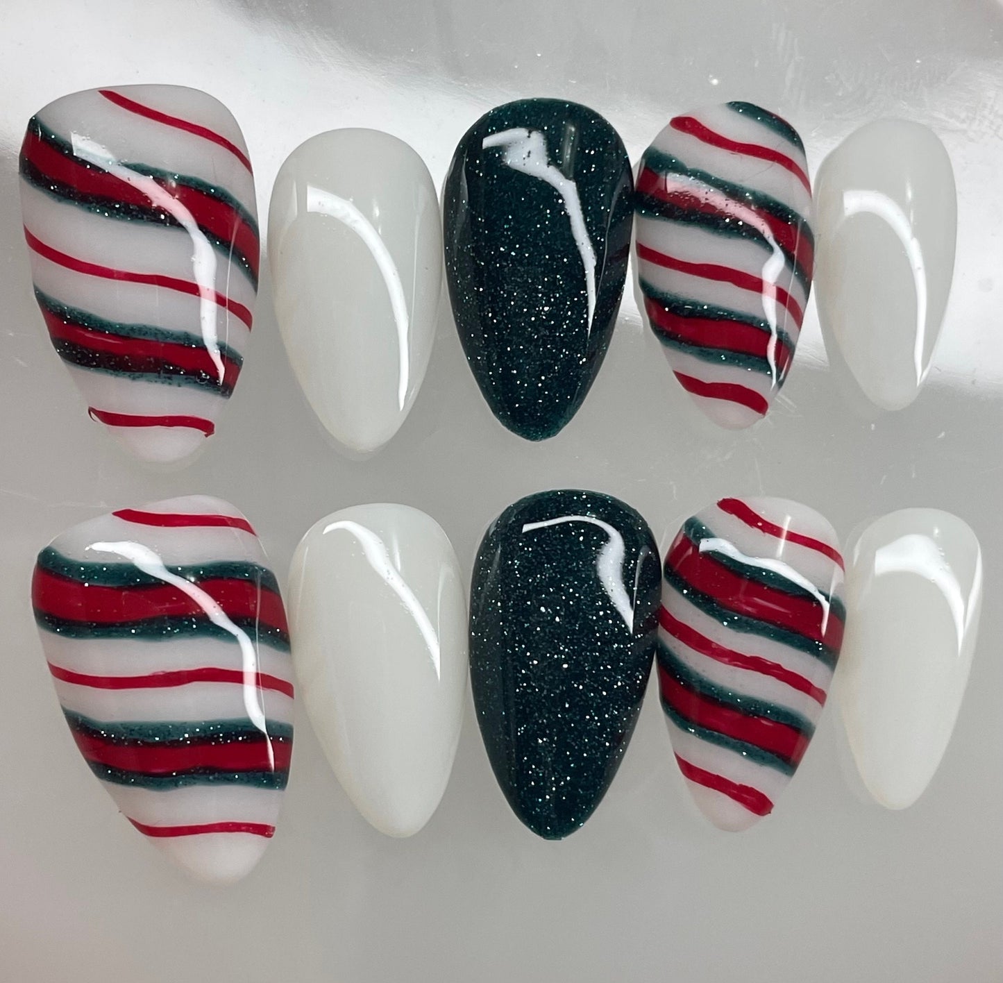 Candy Cane || Christmas Nails || Luxury Press On Nails | Reusable | Hand Painted | Made by WitchyWonders&Wares