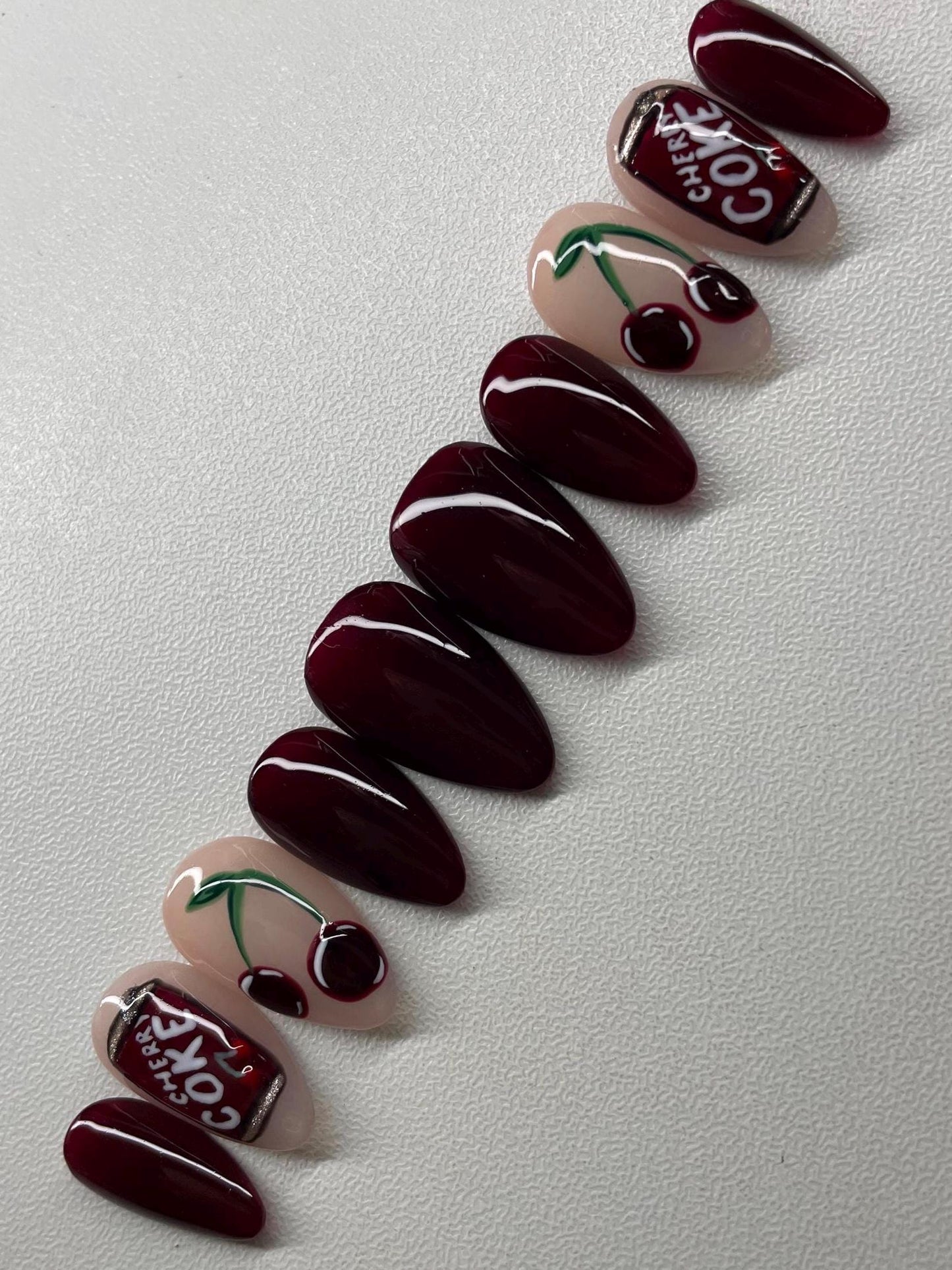 Cherry Coke || Luxury Press On Nails | Reusable | Hand Painted | Made by WitchyWonders&Wares