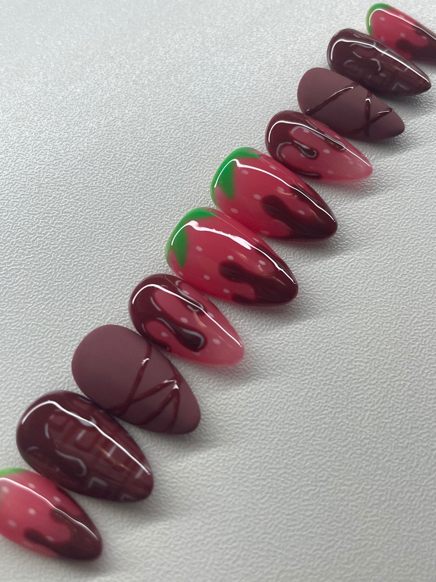 Chocolate Covered Strawberry || Valentine’s Day Nails || Luxury Press On Nails | Reusable | Hand Painted | Made by WitchyWonders&Wares