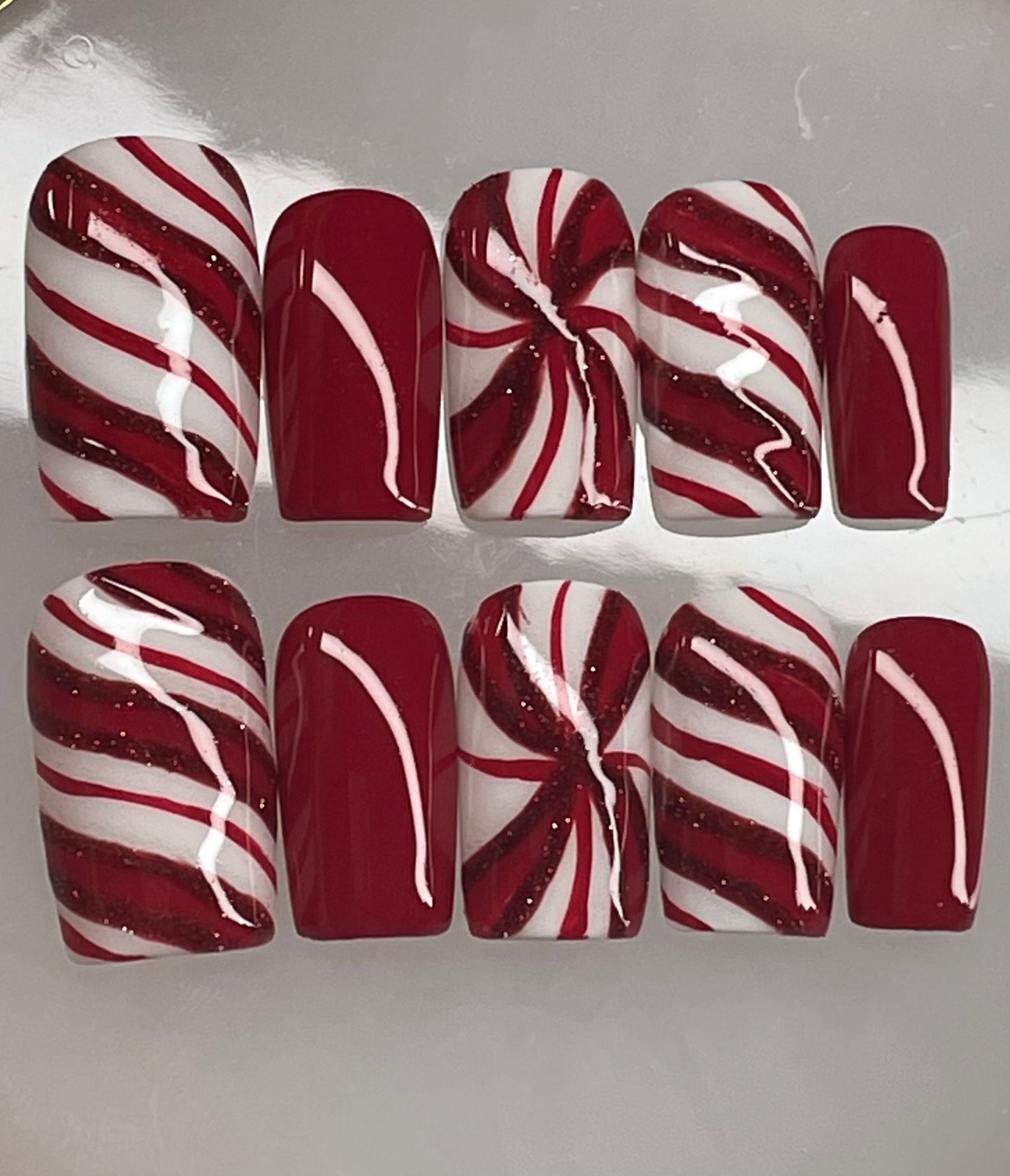 Peppermint || Christmas Nails || Luxury Press On Nails | Reusable | Hand Painted | Made by WitchyWonders&Wares