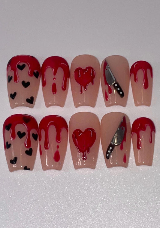 Bloody Valentine || Valentine’s Day Nails || Luxury Press On Nails | Reusable | Hand Painted | Made by WitchyWonders&Wares