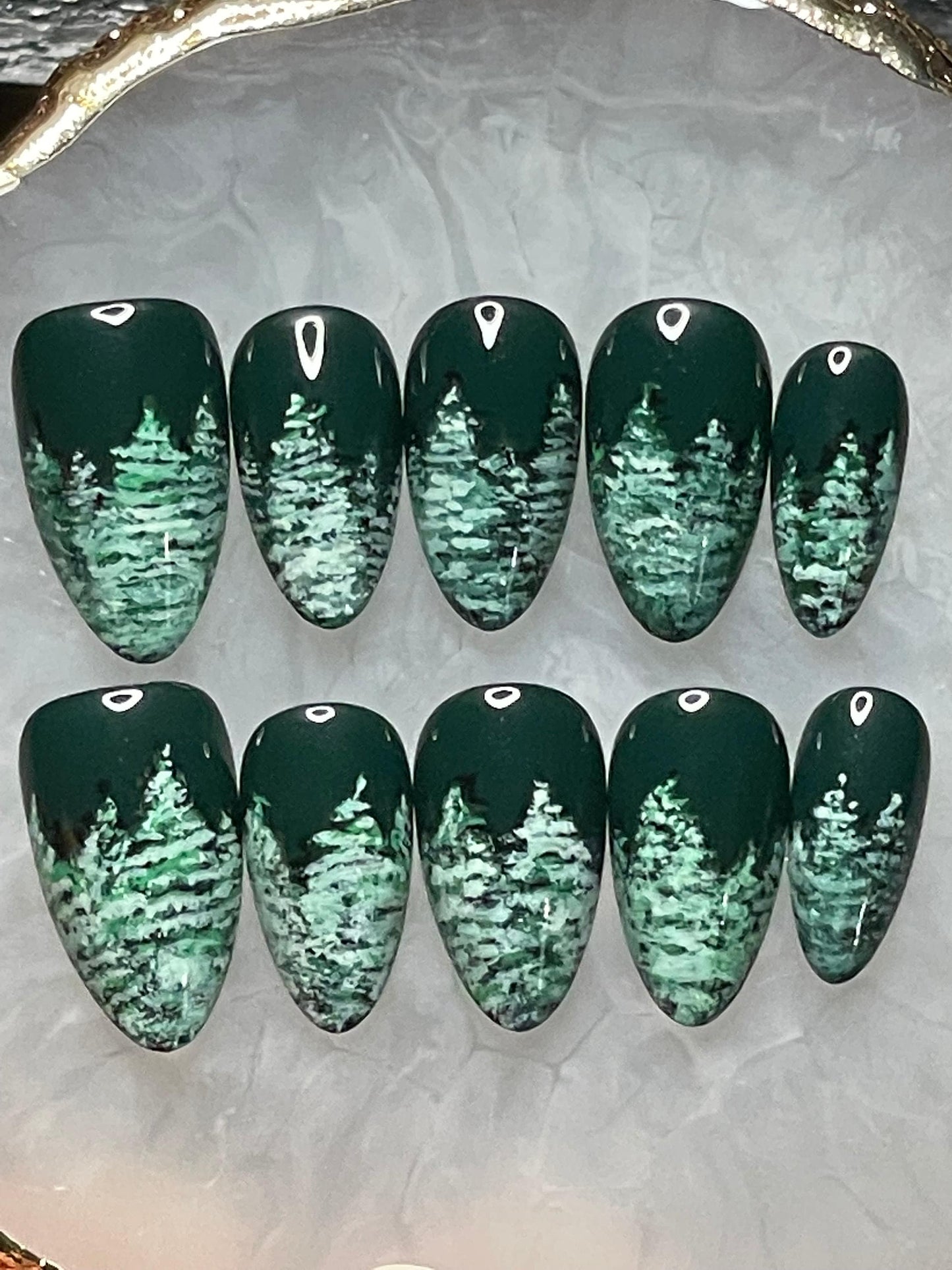 Snowy Woods || Luxury Press On Nails | Reusable | Hand Painted | Made by WitchyWonders&Wares
