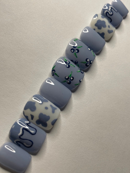 Blueberry Milk || Luxury Press On Nails | Reusable | Hand Painted | Made by WitchyWonders&Wares