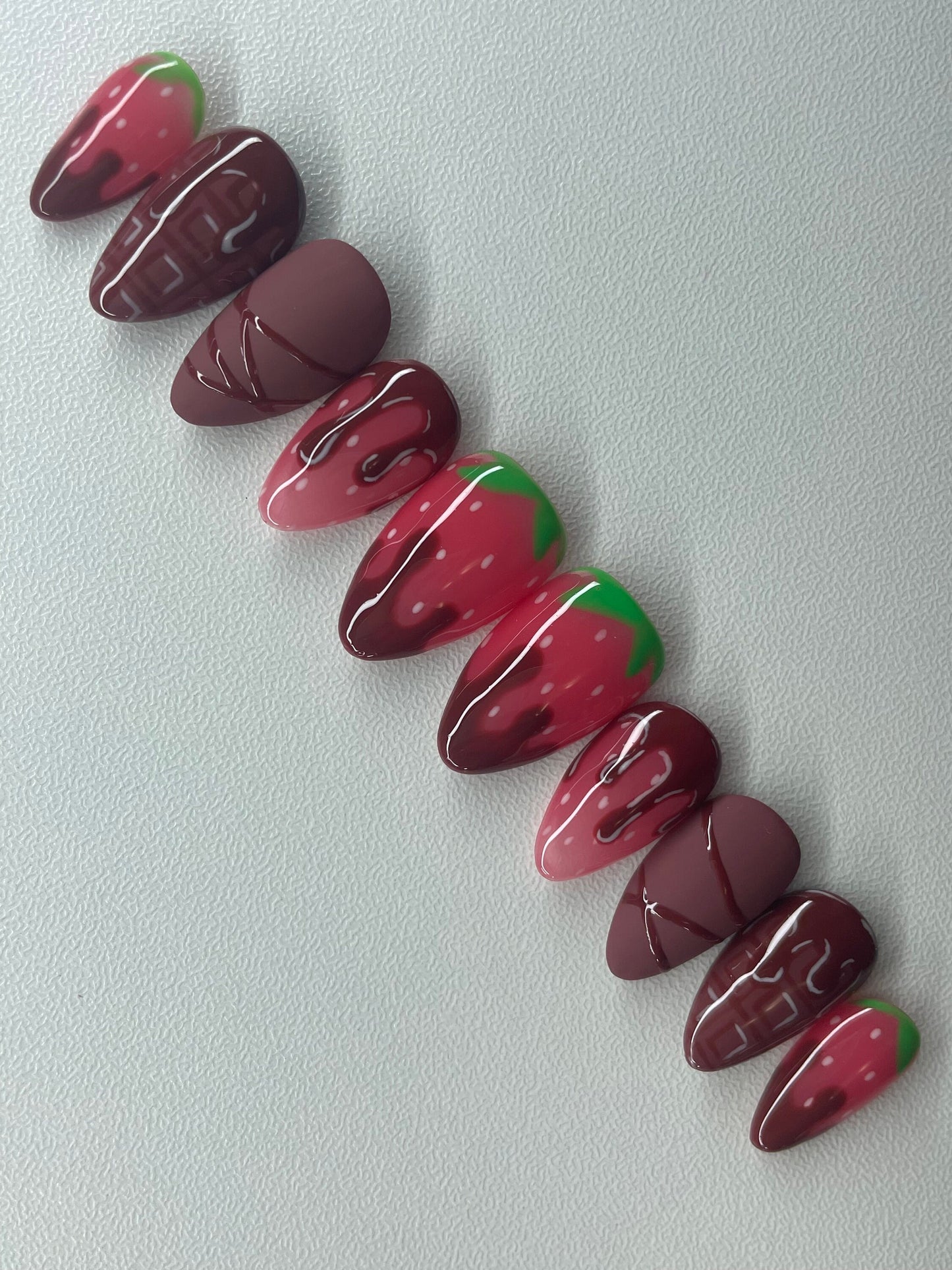 Chocolate Covered Strawberry || Valentine’s Day Nails || Luxury Press On Nails | Reusable | Hand Painted | Made by WitchyWonders&Wares