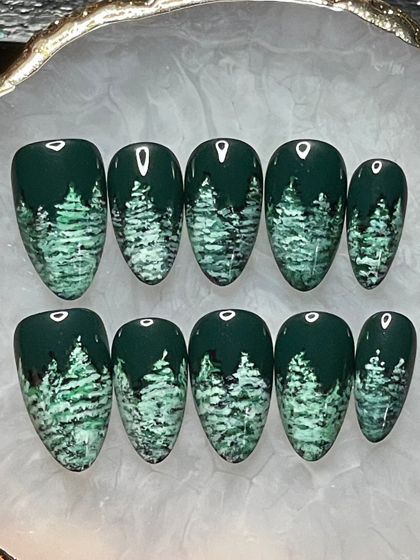 Snowy Woods || Luxury Press On Nails | Reusable | Hand Painted | Made by WitchyWonders&Wares