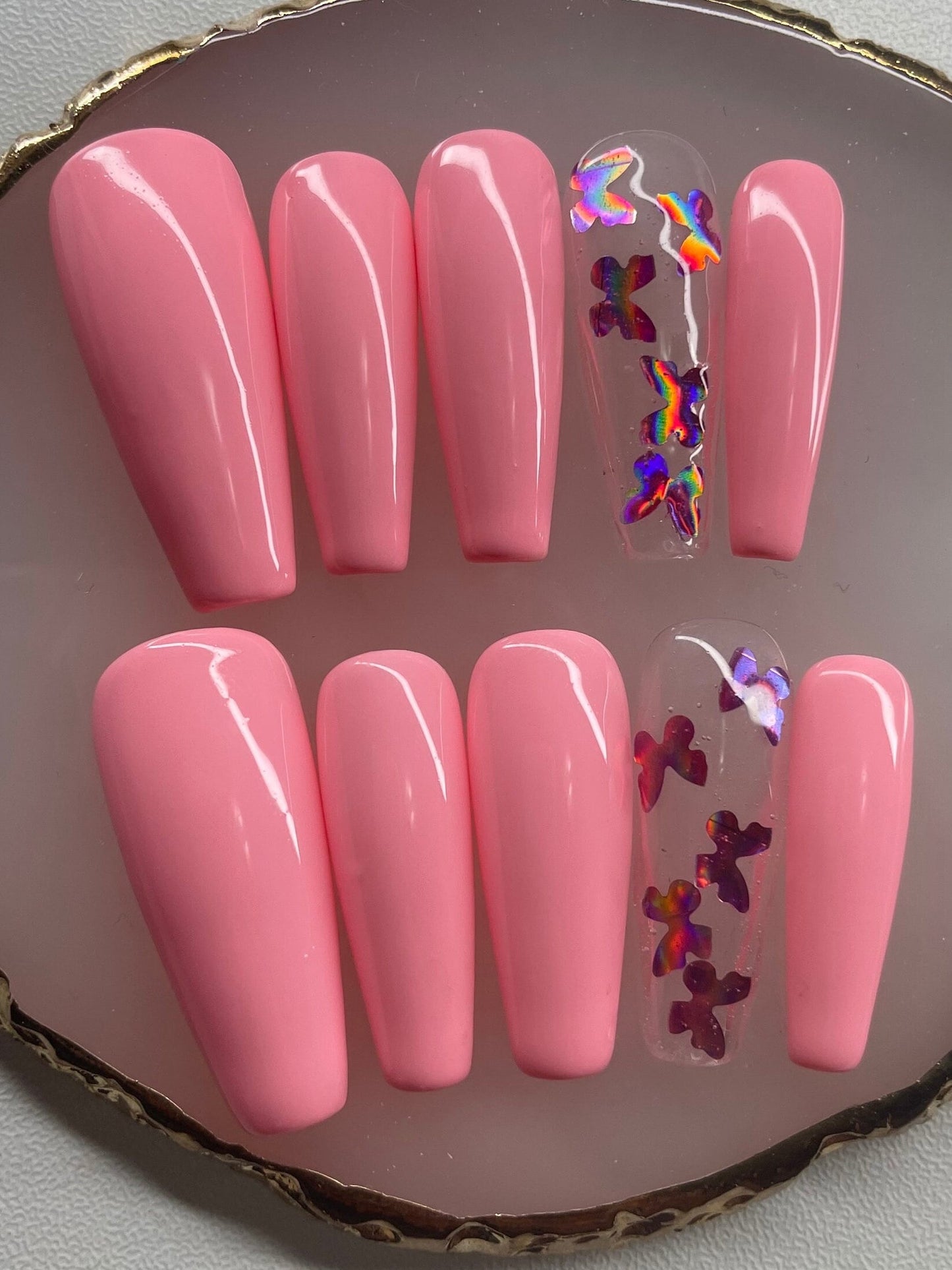 Pink Butterflies || Luxury Press On Nails | Reusable | Hand Painted | Made by WitchyWonders&Wares