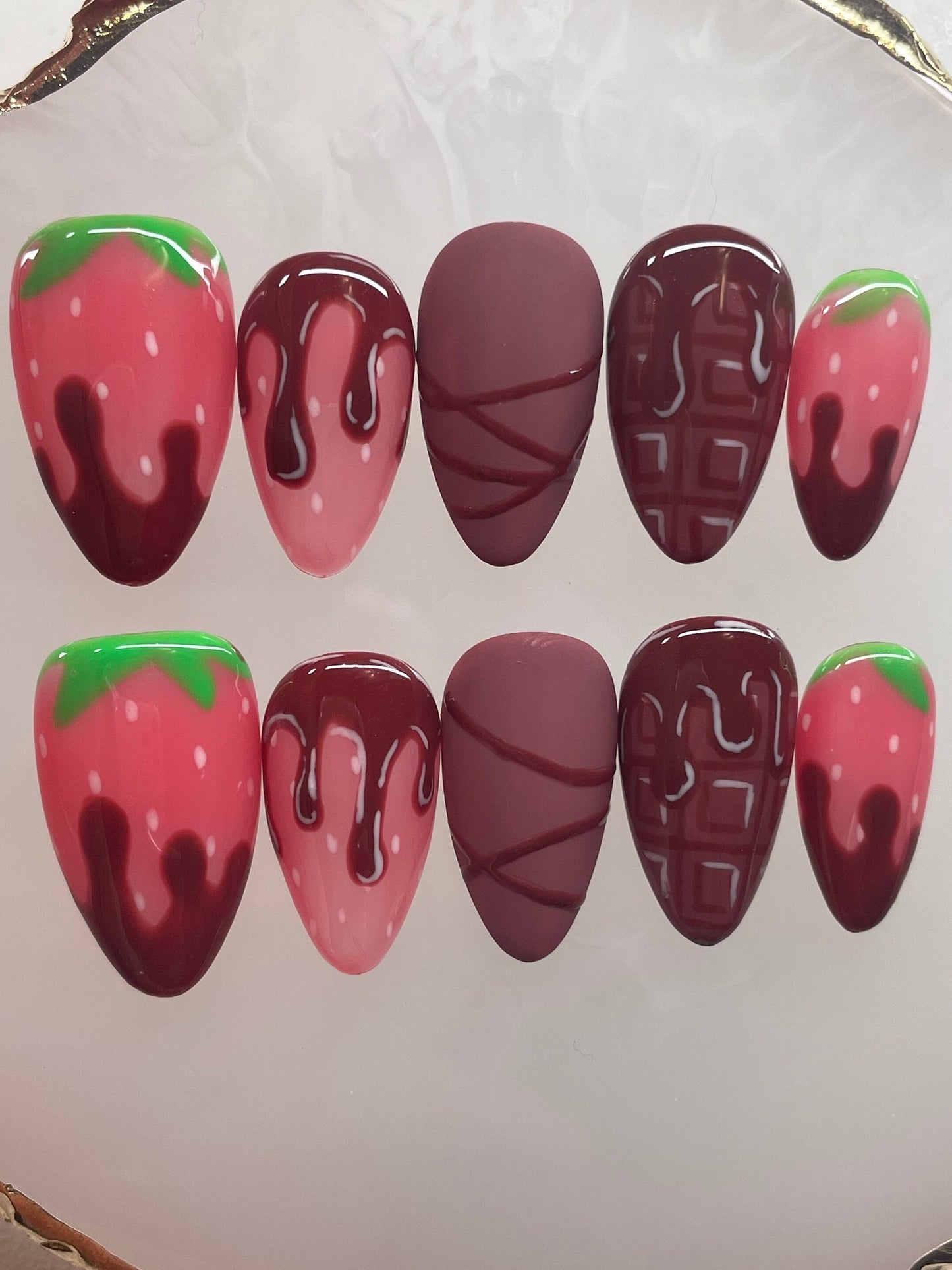 Chocolate Covered Strawberry || Valentine’s Day Nails || Luxury Press On Nails | Reusable | Hand Painted | Made by WitchyWonders&Wares