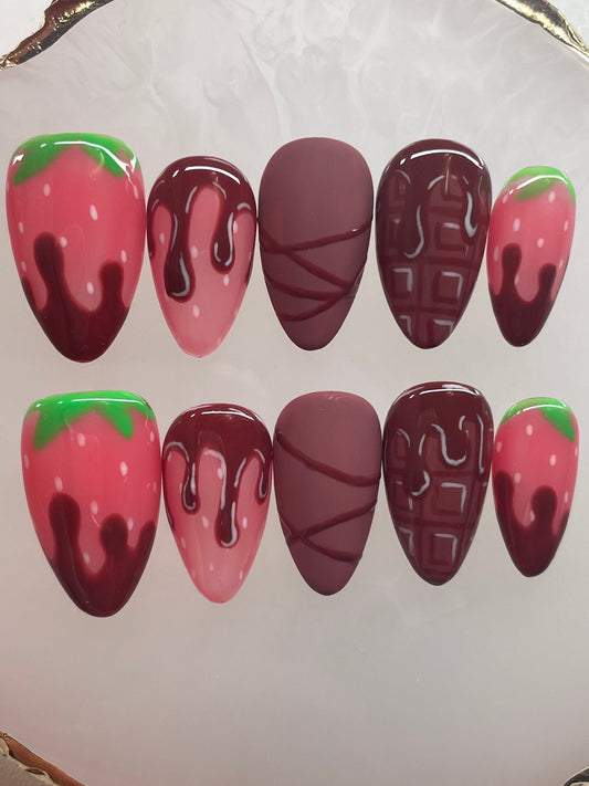 Chocolate Covered Strawberry || Valentine’s Day Nails || Luxury Press On Nails | Reusable | Hand Painted | Made by WitchyWonders&Wares