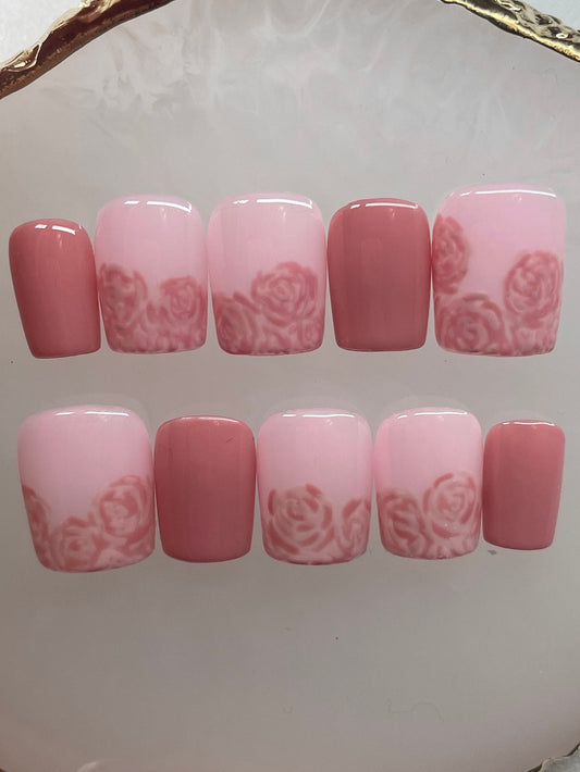 Pink Roses || Valentine’s Day Nails || Luxury Press On Nails | Reusable | Hand Painted | Made by WitchyWonders&Wares
