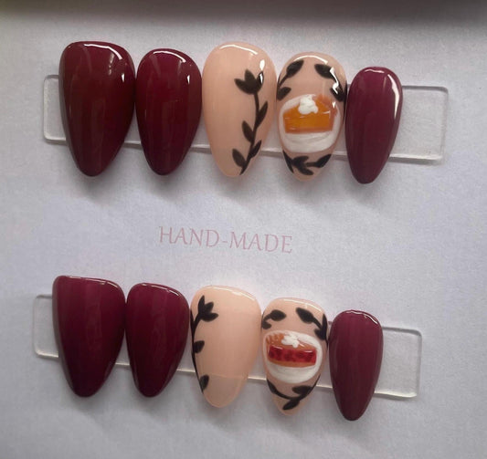Pie || Holiday Nails || Luxury Press On Nails | Reusable | Hand Painted | Made by WitchyWonders&Wares