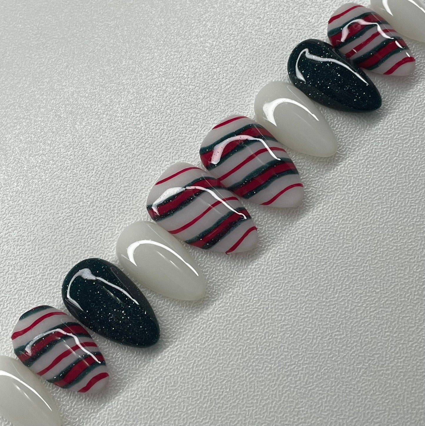 Candy Cane || Christmas Nails || Luxury Press On Nails | Reusable | Hand Painted | Made by WitchyWonders&Wares