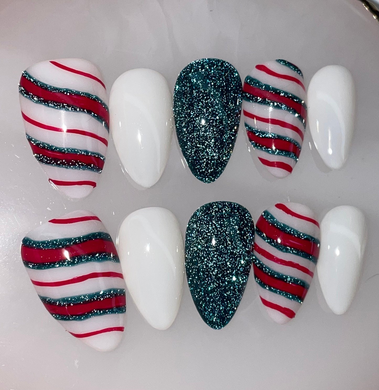Candy Cane || Christmas Nails || Luxury Press On Nails | Reusable | Hand Painted | Made by WitchyWonders&Wares