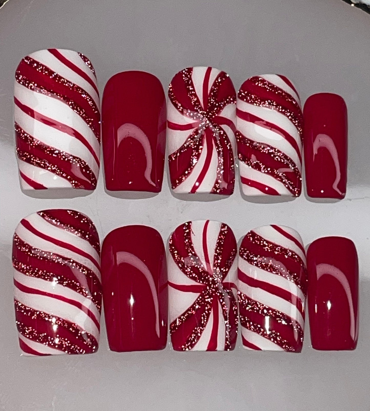 Peppermint || Christmas Nails || Luxury Press On Nails | Reusable | Hand Painted | Made by WitchyWonders&Wares