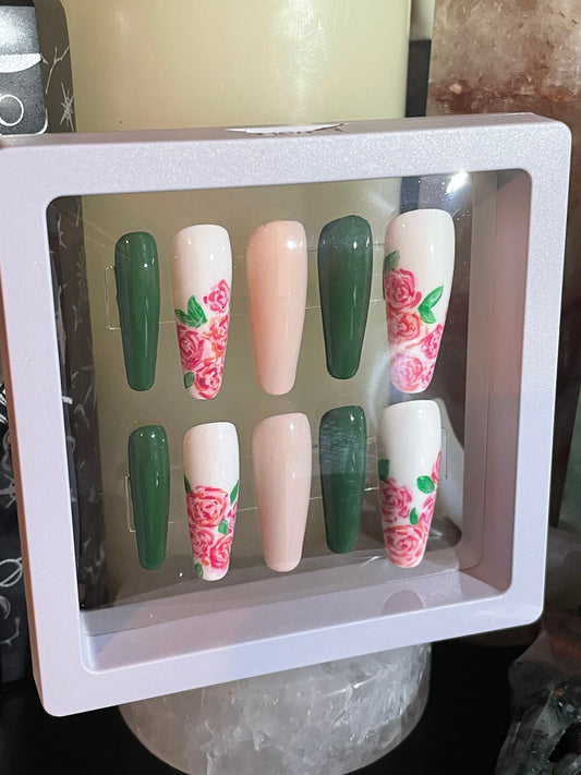 Roses || Luxury Press On Nails | Reusable | Hand Painted | Made by WitchyWonders&Wares