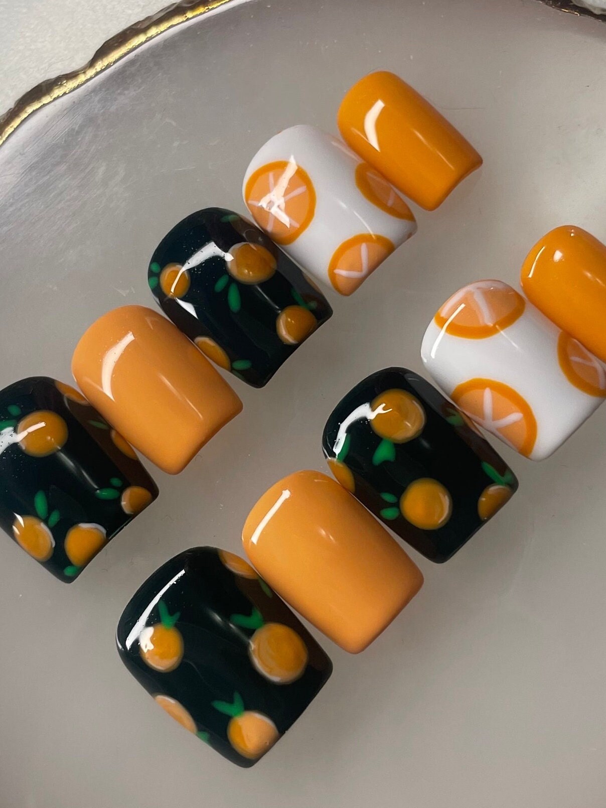 Oranges || Luxury Press On Nails | Reusable | Hand Painted | Made by WitchyWonders&Wares