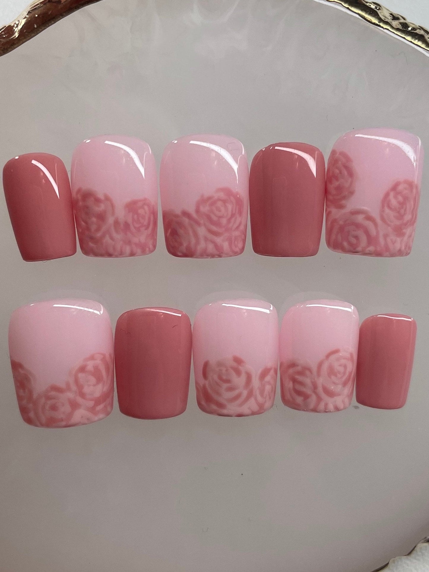 Pink Roses || Valentine’s Day Nails || Luxury Press On Nails | Reusable | Hand Painted | Made by WitchyWonders&Wares
