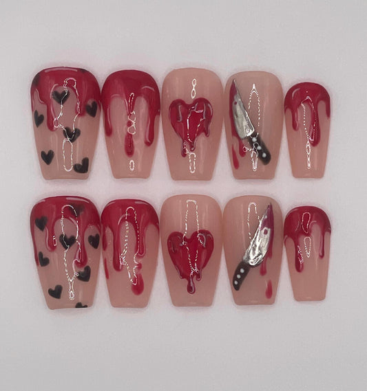 Bloody Valentine || Valentine’s Day Nails || Luxury Press On Nails | Reusable | Hand Painted | Made by WitchyWonders&Wares