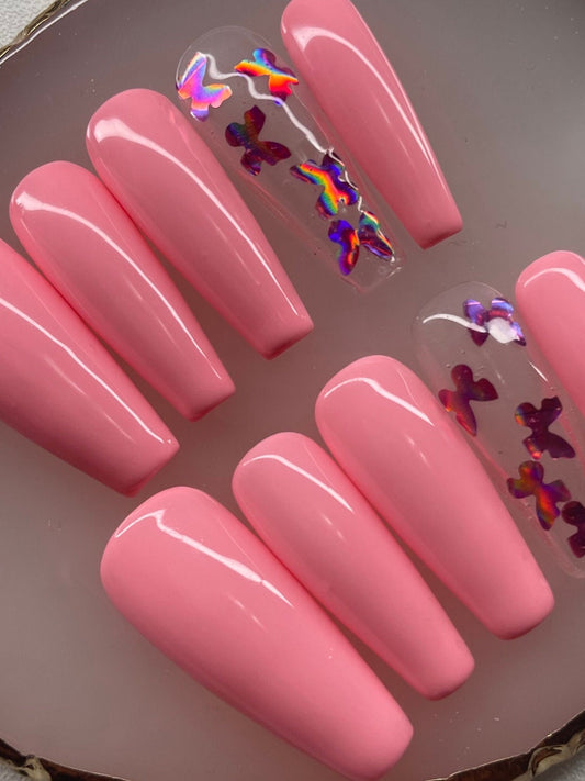 Pink Butterflies || Luxury Press On Nails | Reusable | Hand Painted | Made by WitchyWonders&Wares
