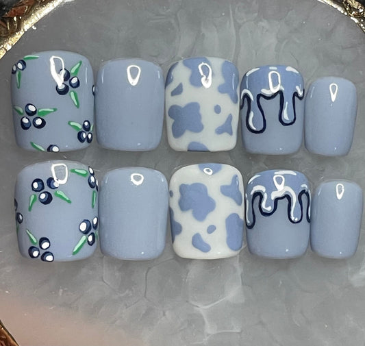 Blueberry Milk || Luxury Press On Nails | Reusable | Hand Painted | Made by WitchyWonders&Wares