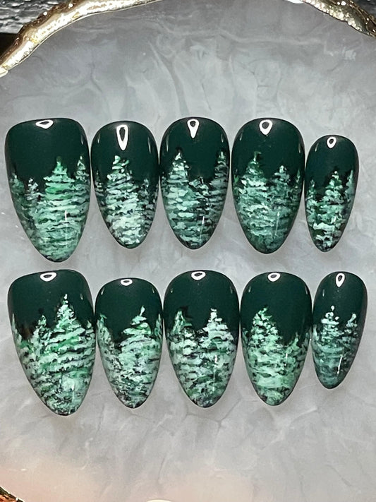 Snowy Woods || Luxury Press On Nails | Reusable | Hand Painted | Made by WitchyWonders&Wares