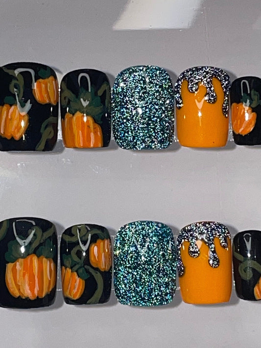 Pumpkins || Halloween Nails || Luxury Press On Nails | Reusable | Hand Painted | Made by WitchyWonders&Wares
