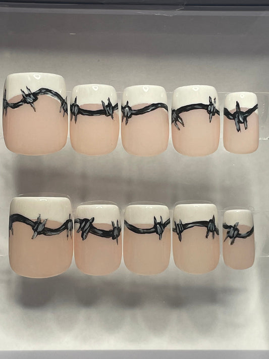 Barbed Wire || Luxury Press On Nails | Reusable | Hand Painted | Made by WitchyWonders&Wares