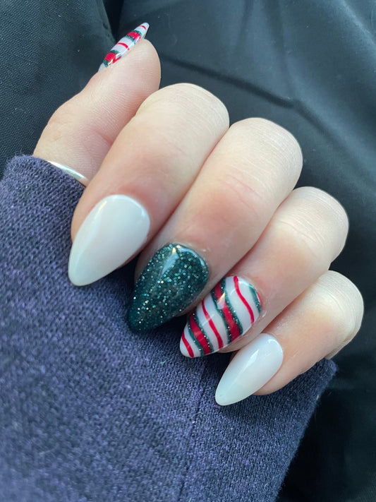 Candy Cane || Christmas Nails || Luxury Press On Nails | Reusable | Hand Painted | Made by WitchyWonders&Wares